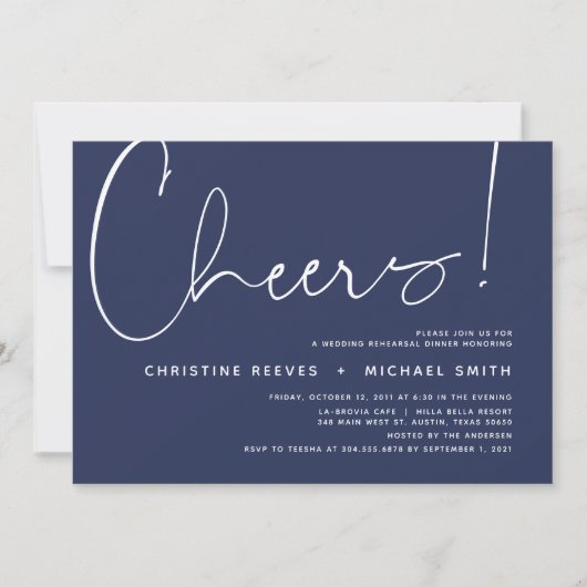 Minimalistisches Navy-Script-Hochzeitsessen Probe Einladung (Vorderseite)