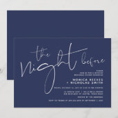 Minimalistisches Navy-Script-Hochzeitsessen Probe Einladung (Vorne/Hinten)