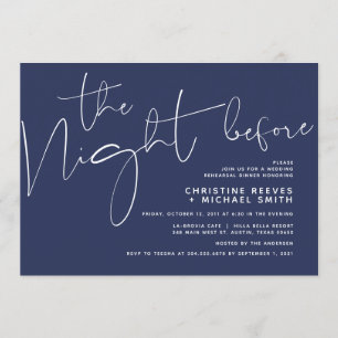 Minimalistisches Navy-Script-Hochzeitsessen Probe Einladung