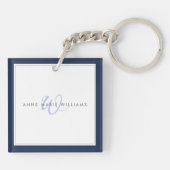 Minimalistisches Navyblau-Script Zwei-Rahmen-Monog Schlüsselanhänger (Rückseite)