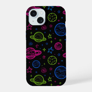 Minimalistisches Neon-Weltraum- und Planeten-Nacht iPhone 15 Hülle