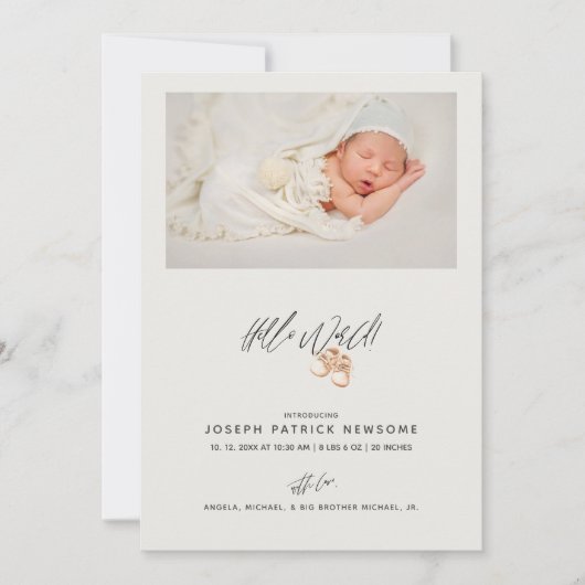 Minimalistisches Neugeborenes-Foto Hello World Ankündigung (Vorderseite)