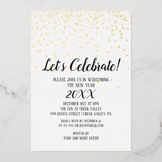 Minimalistisches Neujahrsfest des Confetti Folieneinladung (Vorderseite)