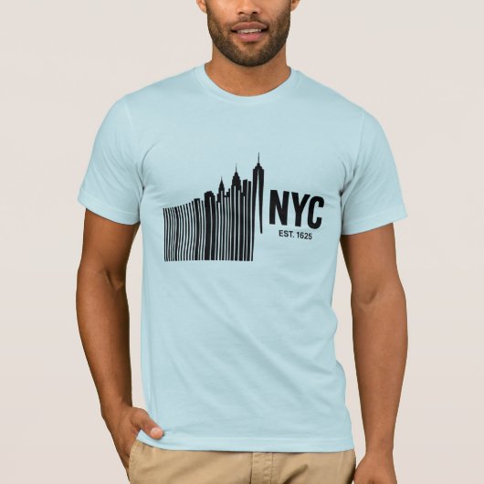 Minimalistisches NYC-Barcode-Skyline-Design T-Shirt (Vorderseite)