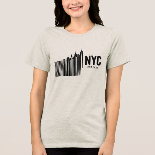 Minimalistisches NYC-Barcode-Skyline-Design Tri-Blend Shirt (Vorderseite)