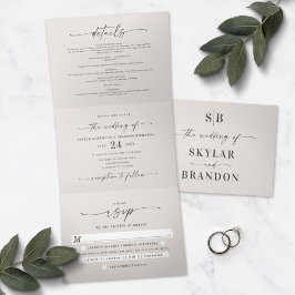 Minimalistisches Off-White in einem Hochzeitssembl Dreifach Gefaltete Einladung