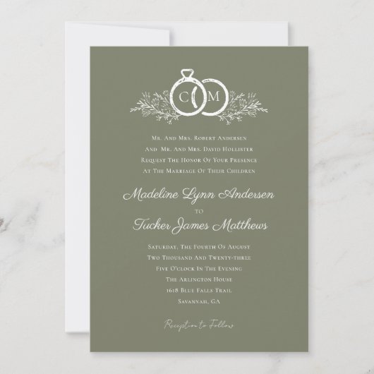 Minimalistisches Olive Wedding Rings Monogram Foto Einladung (Vorderseite)