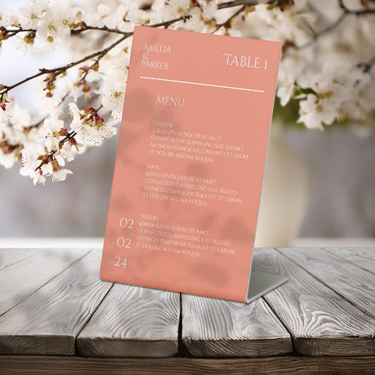 Minimalistisches Orange Wedding Menu Sockelschild