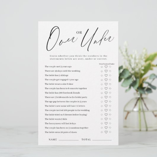 Minimalistisches Over-oder Under-Brautparty-Spiel (Stehend Vorderseite)