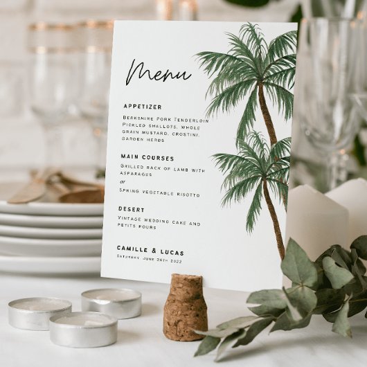 Minimalistisches Palmenbäume Hochzeitsmenü Einladung