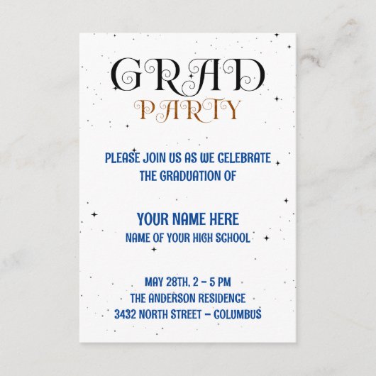 Minimalistisches Party Blau, Weiß und Schwarz Begleitkarte (Vorderseite)