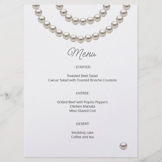 Minimalistisches Perlen-Hochzeitsmenü Menükarte (Vorderseite)