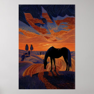 Minimalistisches Pferd-Sonnenuntergangs-Druck, Sil Poster
