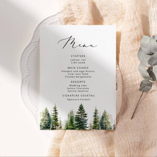 Minimalistisches Pine Tree elegantes Hochzeitmenü Menükarte
