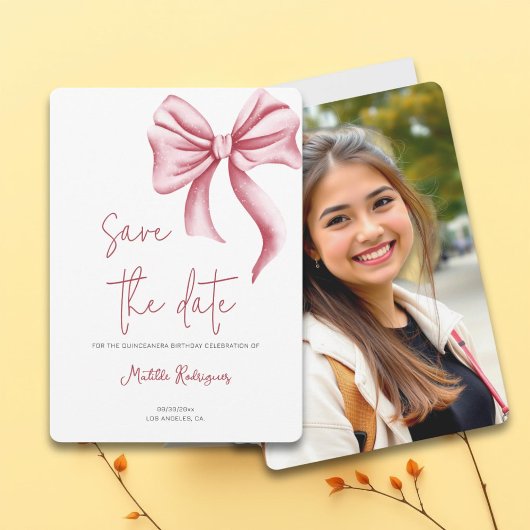 Minimalistisches Pink Bow Quinceañera Foto Save The Date