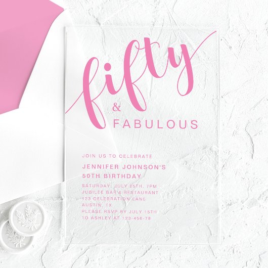 Minimalistisches Pink Script 50. Geburtstag Acryleinladungen