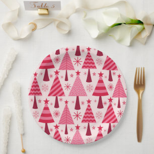 Minimalistisches Pink und Rote Weihnachtsbaummuste Pappteller