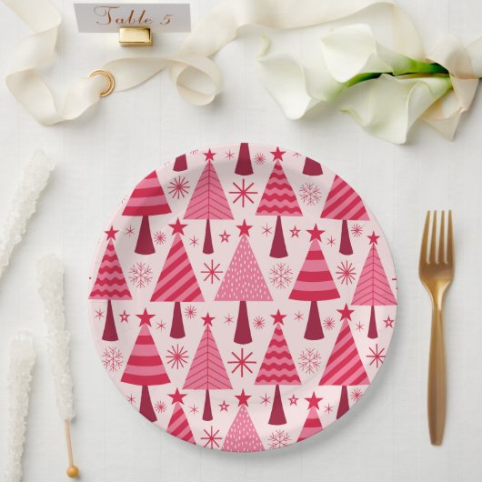 Minimalistisches Pink und Rote Weihnachtsbaummuste Pappteller (Hochzeit)