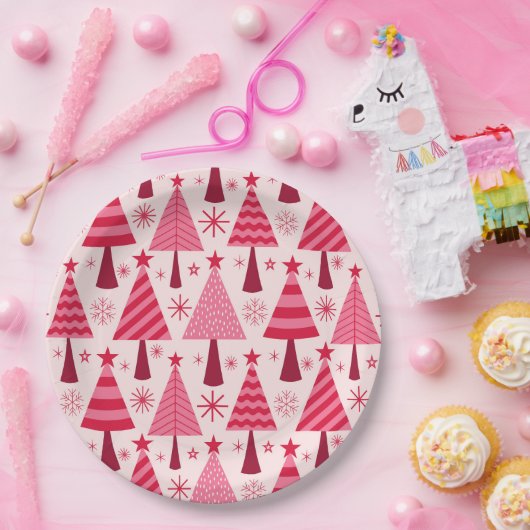Minimalistisches Pink und Rote Weihnachtsbaummuste Pappteller (Party)