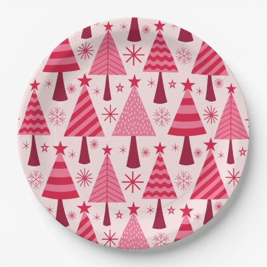 Minimalistisches Pink und Rote Weihnachtsbaummuste Pappteller (Vorderseite)