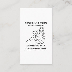 MINIMALISTISCHES PLAKAT MIT FRAU BEIM LESEN & KAFF VISITENKARTE