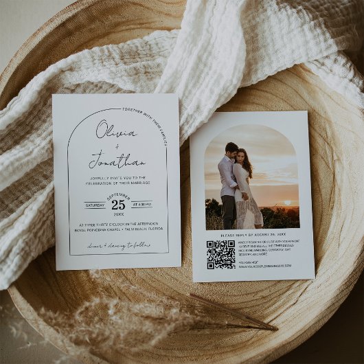 Minimalistisches QR-Code Foto-Arch-Rahmen-Hochzeit Einladung