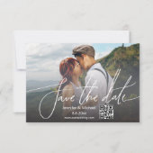 Minimalistisches QR-Foto für weiße Handschrift Save The Date (Vorderseite)