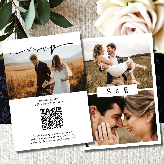 Minimalistisches QR-Foto-Hochzeit in Schwarzweiß RSVP Karte