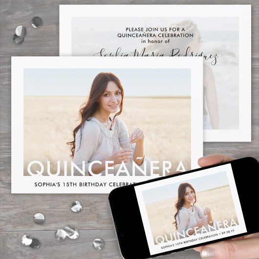 Minimalistisches Quinceañera Foto Overlay 15. Gebu Einladung