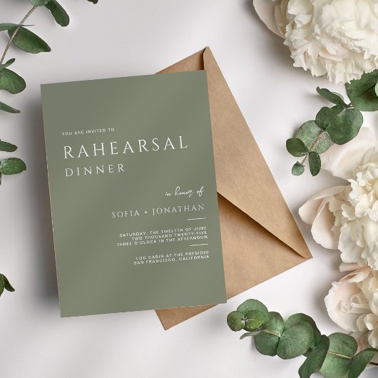 Minimalistisches RAHEARSAL Dinner Hochzeit im Grün Einladung