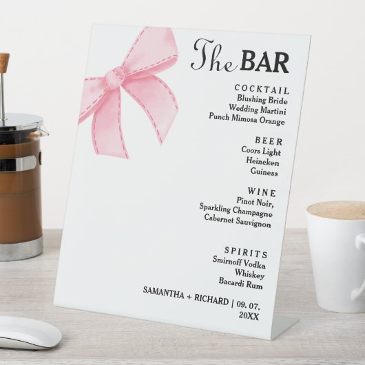 Minimalistisches rosa Bow Wedding Drinks Bar Menu Sockelschild (In Situ)