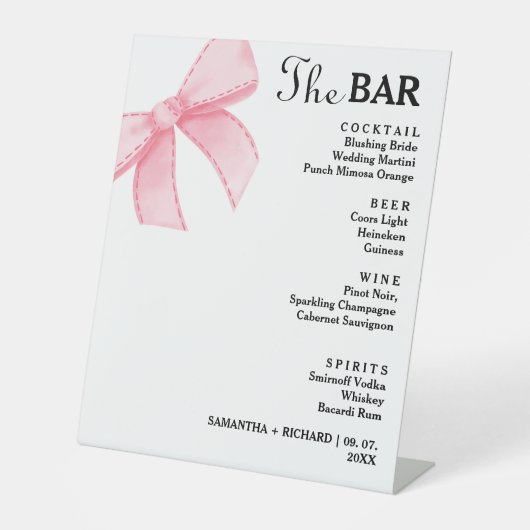 Minimalistisches rosa Bow Wedding Drinks Bar Menu Sockelschild (Vorderseite)