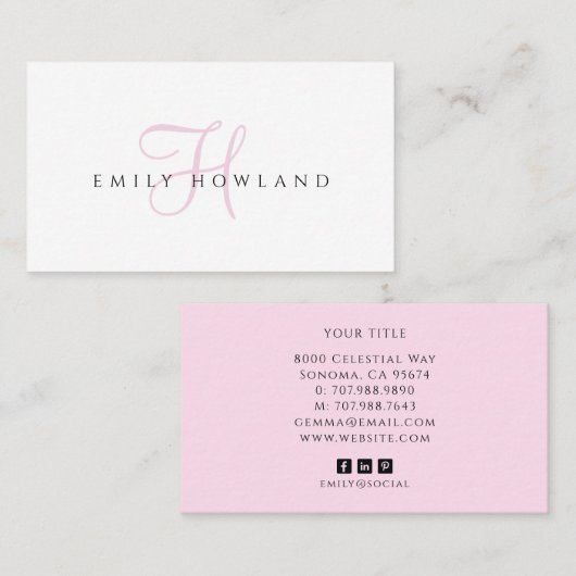 Minimalistisches rosa Skript-Monogramm-Name Visitenkarte (Vorne/Hinten)