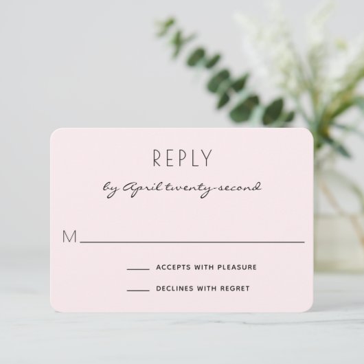 Minimalistisches Rosa und elegante Hochzeit RSVP Karte (Stehend Vorderseite)