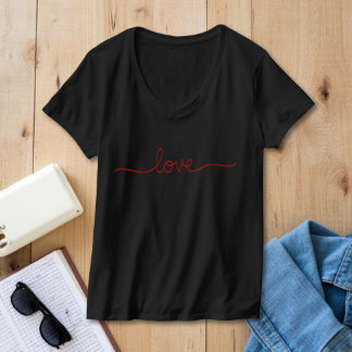 Minimalistisches rotes Liebesschrift Schwarz V-Aus T-Shirt