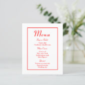 Minimalistisches rotes modernes Hochzeitsmenü (Stehend Vorderseite)