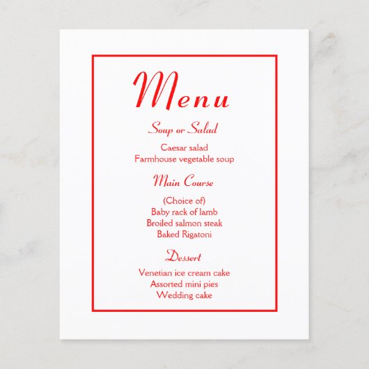 Minimalistisches rotes modernes Hochzeitsmenü (Vorderseite)
