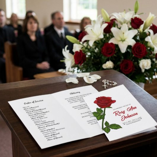 Minimalistisches rotes Rosen-Begräbnisprogramm 4-S Karte