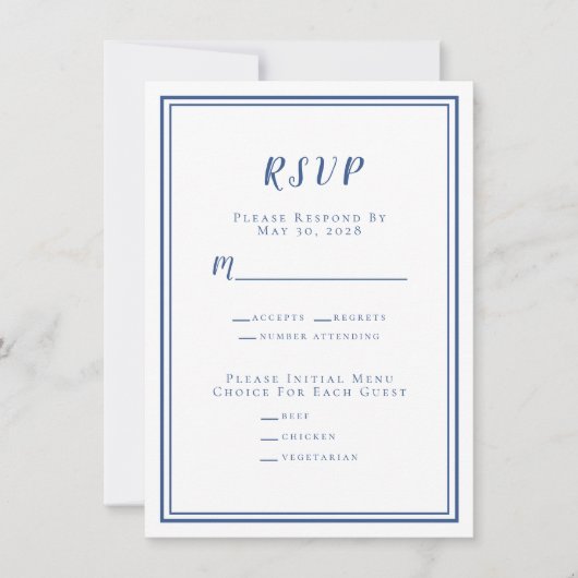 Minimalistisches RSVP-Menü für Hochzeiten Blau und (Vorderseite)