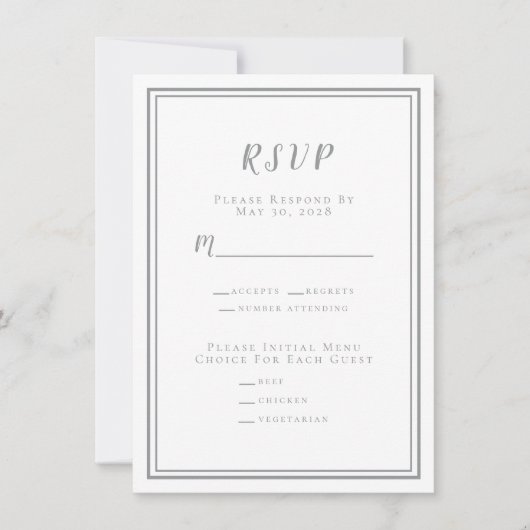 Minimalistisches RSVP-Menü für Hochzeiten, grau un (Vorderseite)