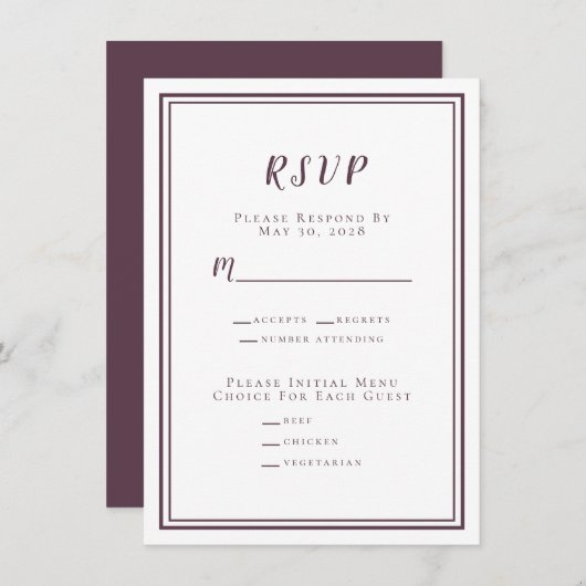 Minimalistisches RSVP-Menü für Hochzeiten Lila wei (Vorne/Hinten)