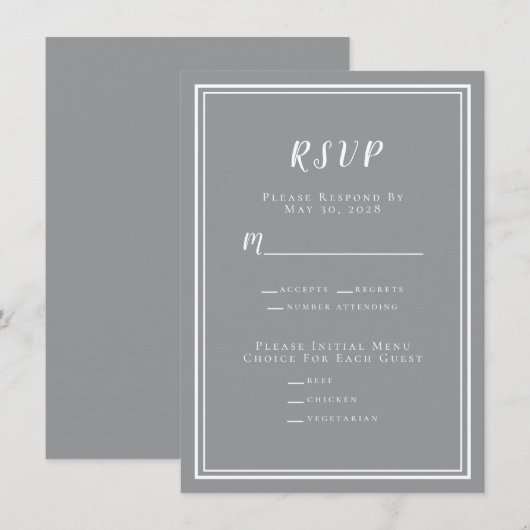 Minimalistisches RSVP-Menü mit dem Grauschick (Vorne/Hinten)