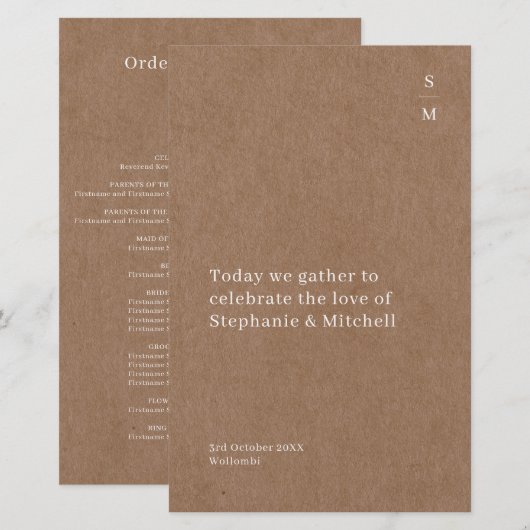 Minimalistisches rustikales Hochzeitsprogramm (Vorne/Hinten)