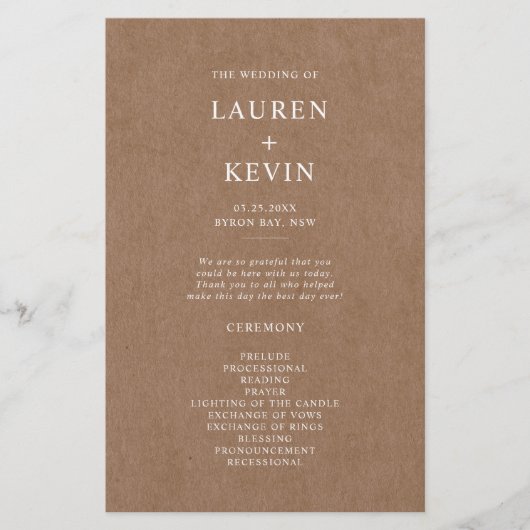 Minimalistisches rustikales Hochzeitsprogramm (Vorderseite)