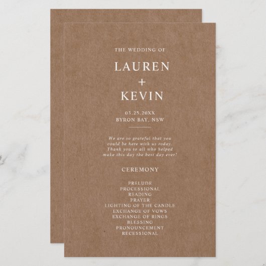 Minimalistisches rustikales Hochzeitsprogramm (Vorne/Hinten)