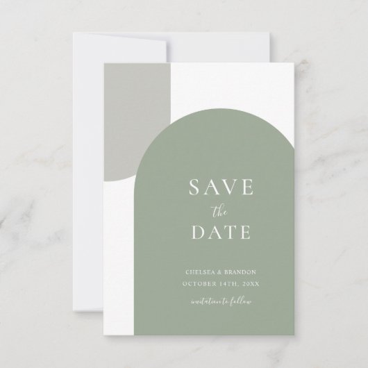 Minimalistisches Sagegrün Boho Bogen Formale Schre Save The Date (Vorderseite)