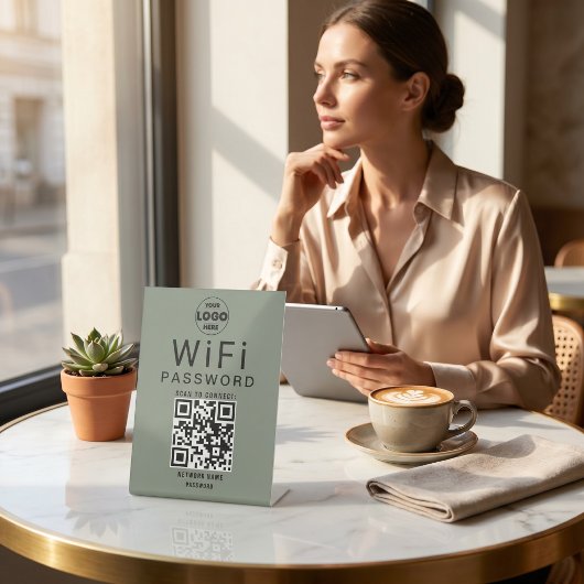 Minimalistisches Salbei Grün Geschäft WiFi QR Code Sockelschild