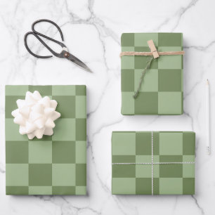 Minimalistisches Salbeigrün-Schachbrettmuster Geschenkpapier Set