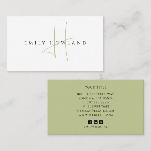 Minimalistisches Salbeigrün-Script-Monogramm-Name Visitenkarte (Vorne/Hinten)