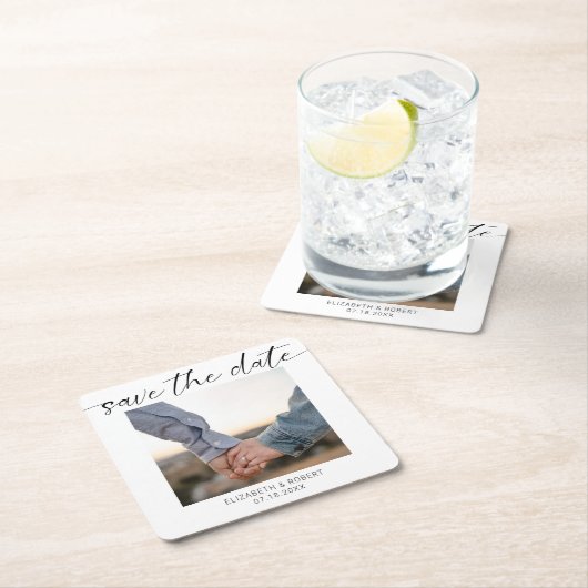 Minimalistisches Save the Date Foto Modernes Skrip Rechteckiger Pappuntersetzer (Vor Ort)